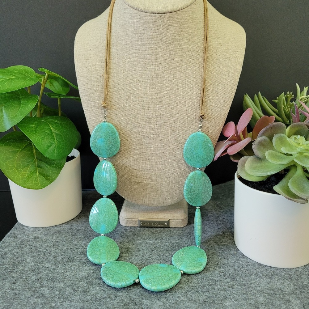 Boho Turquoise Color Disc Bead Statement Necklace Crackle Stone Look 30"